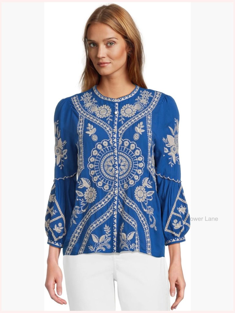 Scallop Sleeve Blouse - Band Collar - Button Front - 3/4 Sleeves - Classic Fit